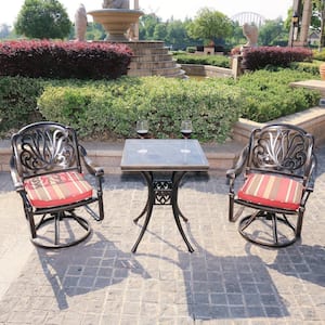 SIVA 3-Piece Metal Frame Outdoor Serving Bar Bistro Furniture Set 2 Cast Swivel Rockers Chair with Red Cushions