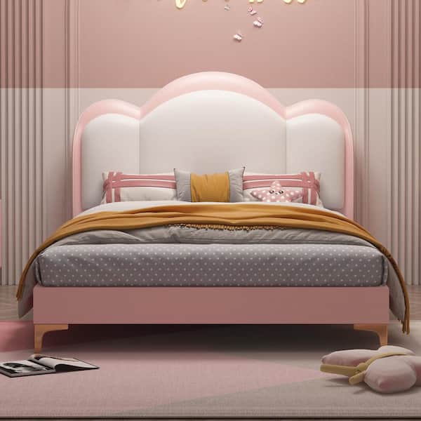 Clihome Pink Queen Size Soft Padded Kid's Bed with Elegant Floral Headboard, Large Platform Bed Frame, and Wooden Support