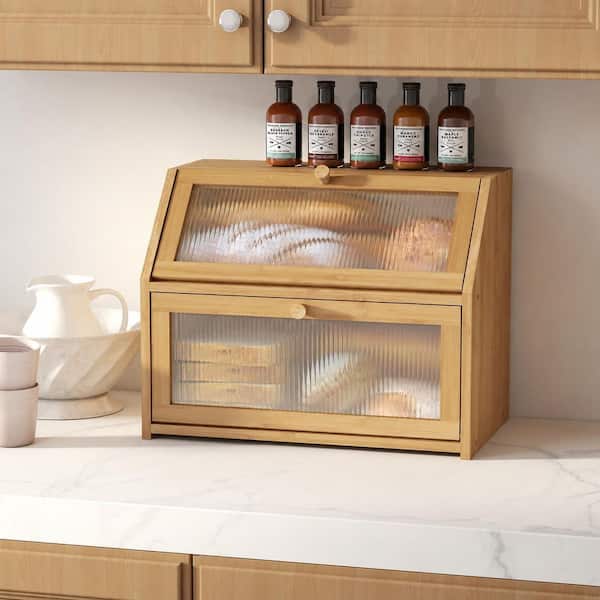 1 Piece Natural Bamboo Large Double Layer Bread Box for Kitchen Counter with 2-Tier Storage