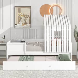 White Twin Size Low Floor Kids Bed with Trundle Bed, Wooden Frame Kids House Bed, Twin Platform Bed with Roof and Window