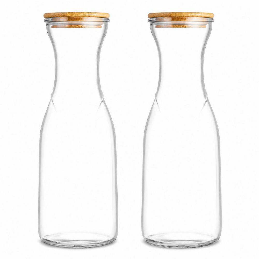 Set of 2 Glass Carafes with Bamboo Lids, 1 Liter Beverage Serveware
