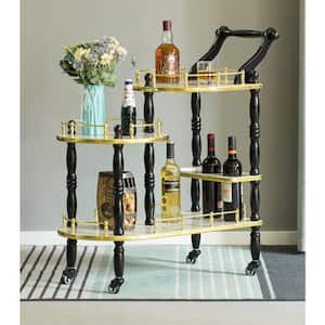 Wood Serving Bar in Gold, Black and White with 3-Tier Shelves and Rolling Wheels Cart Tea Trolley