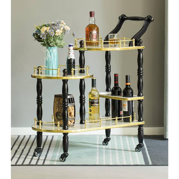 FABULAXE Wood Serving Bar in Gold, Black and White with 3-Tier Shelves and Rolling Wheels Cart Tea Trolley