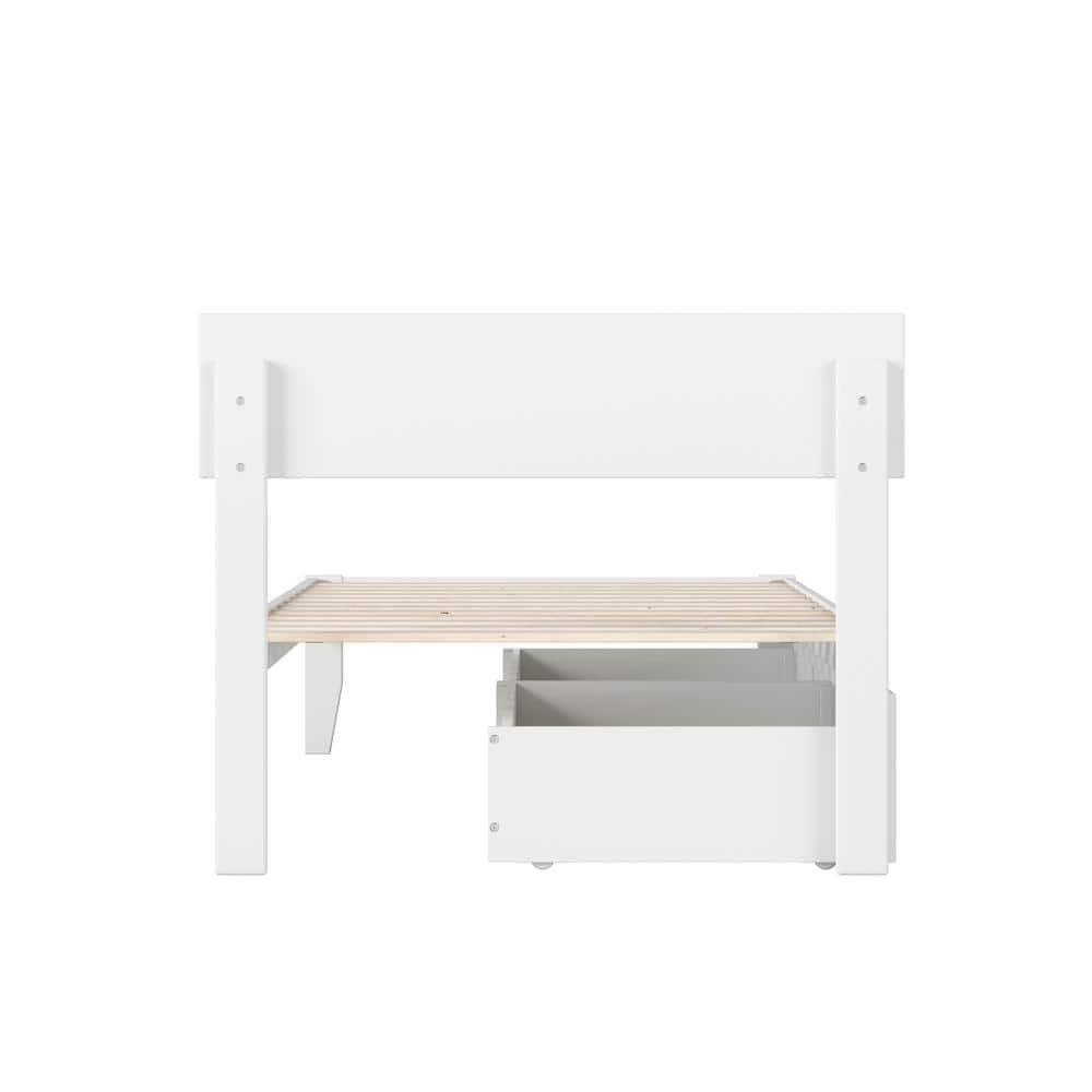 White Twin Wood Platform Bed with Storage Drawers and Upholstered Headboard