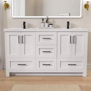 60 in. W x 22 in. D x 36 in.H Bathroom Vanity Cabinet Double Sink Freestanding Bath Vanity in White with White Resin Top