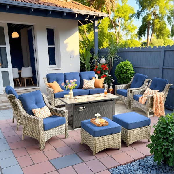 Cherry 8-Piece Wicker Outdoor Fire Pit Furniture Patio Conversation Sofa Seating Set with Navy Blue Cushions