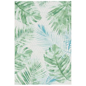 Barbados Green/Teal Doormat 3 ft. x 5 ft. Geometric Palm Leaf Indoor/Outdoor Patio Area Rug