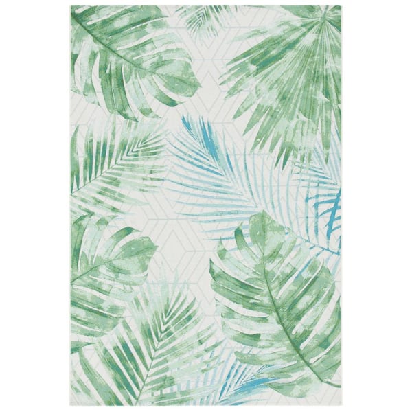 SAFAVIEH Barbados Green/Teal 7 ft. x 9 ft. Geometric Palm Leaf Indoor/Outdoor Patio  Area Rug