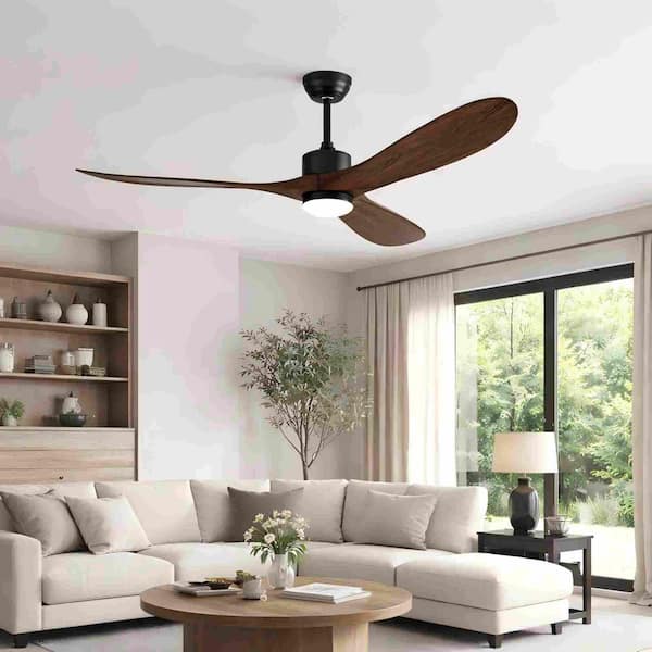 60 in.Black Housing and Brown Wood Blades Flush Mount Fandelier Ceiling Fan with Light Remote Control, DC Motor