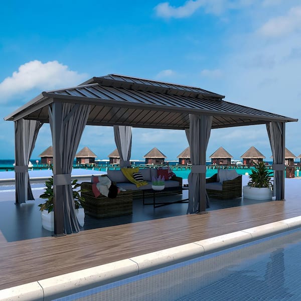 VEIKOUS 20 ft. x 12 ft. Aluminum Double Hardtop Gazebo with Grey Curtains and Netting