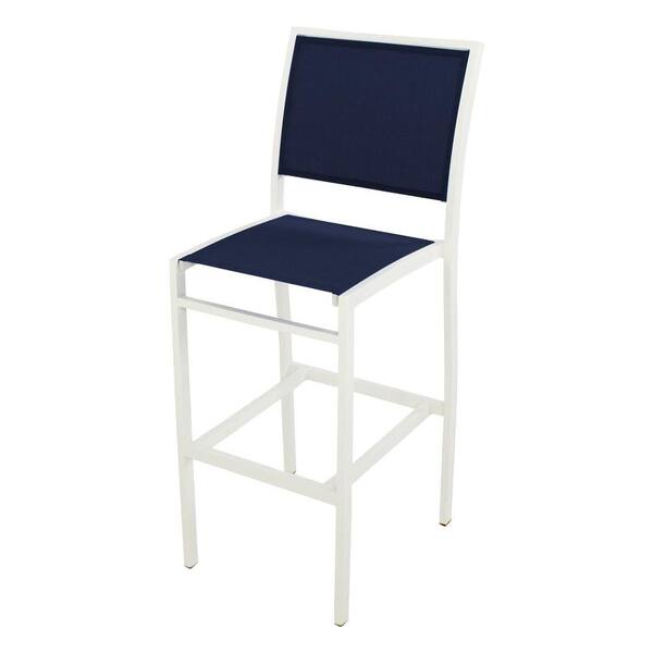 POLYWOOD Bayline Satin White/Navy Blue Sling Patio Bar Side Chair