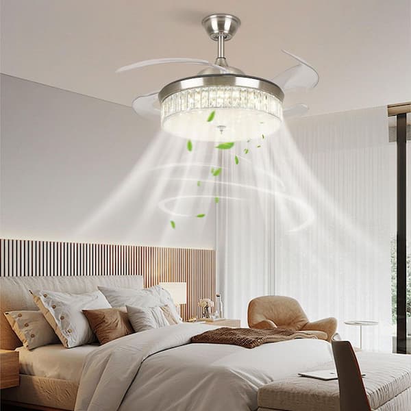 42 in. Silver and Gray Modern Downrod Mount Retractable Fandelier Ceiling Fan with 3-Color Integrated LED and Remote