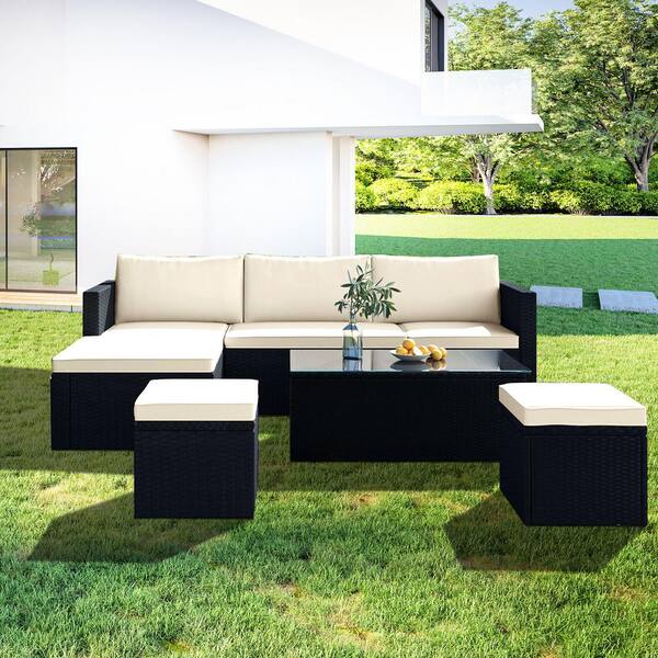 Cloud Mountain Outdoor Sectional 4-Piece Patio Furniture All Weather Wicker Furniture Sofa Couch Set with A Glass Coffee Table Brown Waterproof Cover and Clips for Lawn Porch or Deck Backyard 