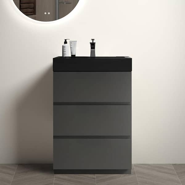 MYCASS 24 in. W x 18.1 in. D x 37 in. H Freestanding Bath Vanity in Space Grey with 1 Matt Black Sink Solid Surface Top