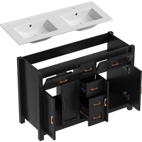 48 in. Freestanding Black Bath Vanity with White Double Sinks Ceramic Top Unassembled, Soft-Close Drawers & Storage