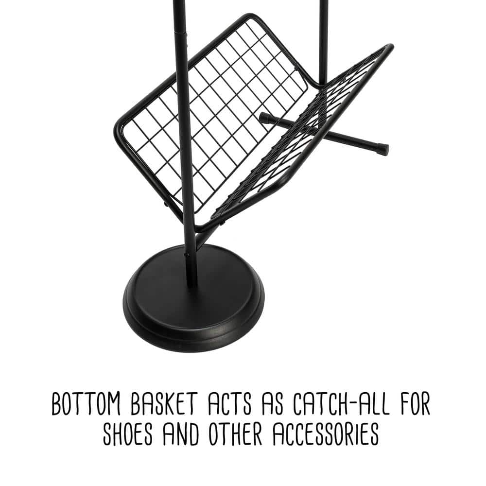 Black Steel Swivel Clothing Rack with Basket Shelf