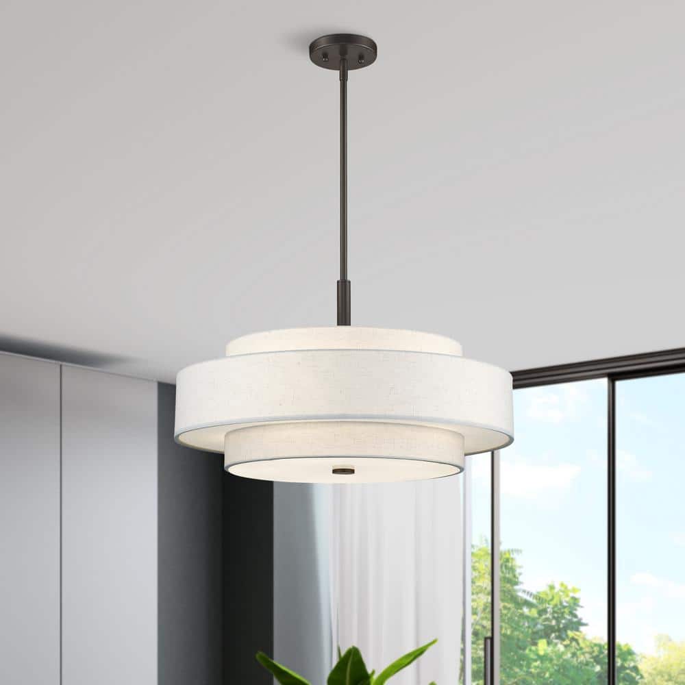 English Bronze Drum Shade Pendant Light with Oatmeal Fabric