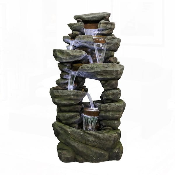 60in.H Resin 7-Tier Cascading Rock Tiered Fountain with LED Lights, Large Natural Stone Look for Garden, Patio, and Yard