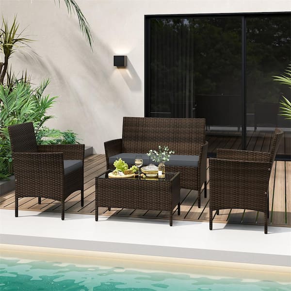 HONEY JOY 4-Piece Wicker Patio Conversation Set with Chair Loveseat and Tempered Glass Table Gray Cushions