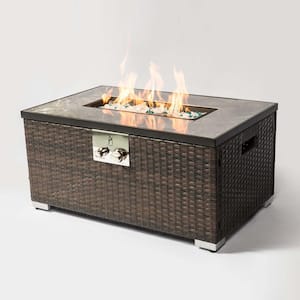 32 in. Brown Rectangle Wicker Ceramic Tile Metal Fire Pit Table