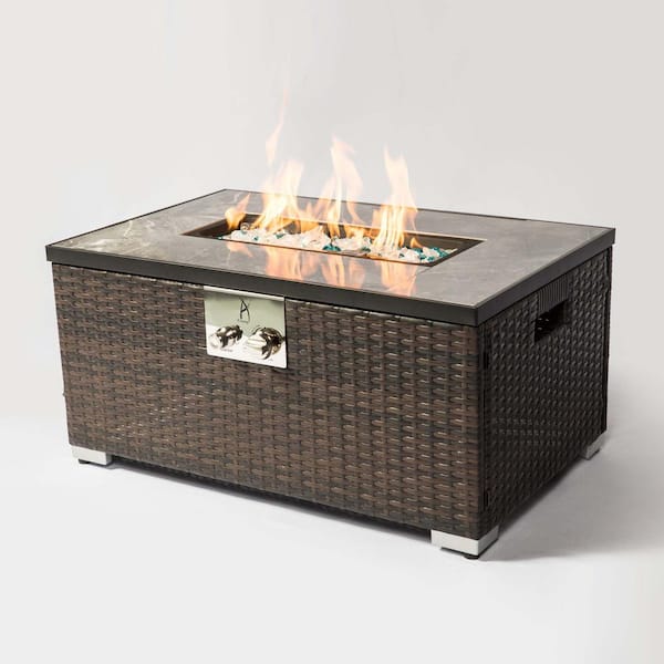Sireck 32 in. Brown Rectangle Wicker Ceramic Tile Metal Fire Pit Table