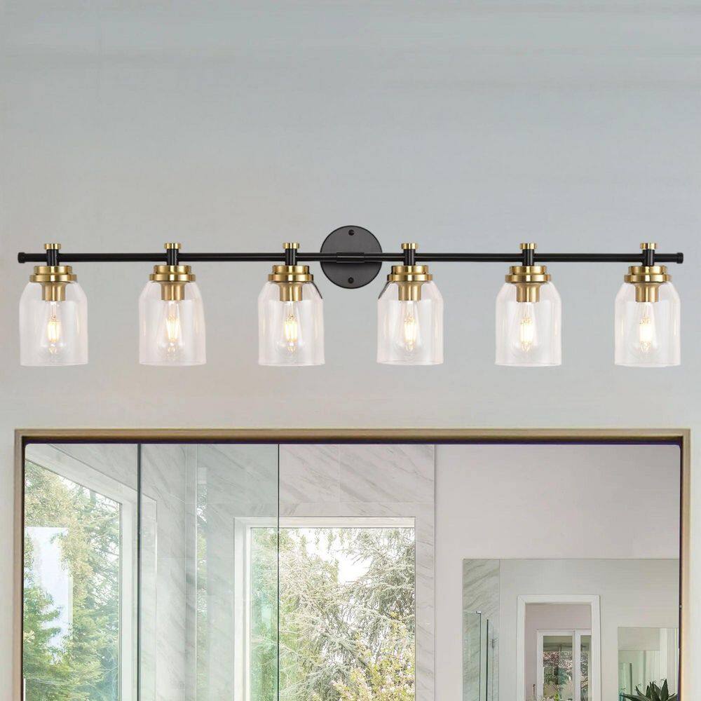 47.04 in. 6 Light Black Gold Vanity Light with Clear Glass Shade Bathroom Light Fixtures Over Mirror Modern Wall Sconces price history on PriceWatchPro