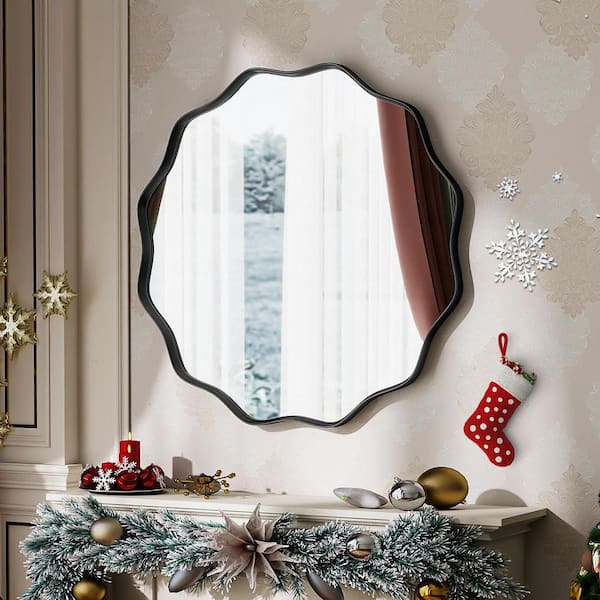 Black 30.1 in. W x 30.1 in. H Round Wall Vanity Mirror Wavy Deep Metal Framed Mirror