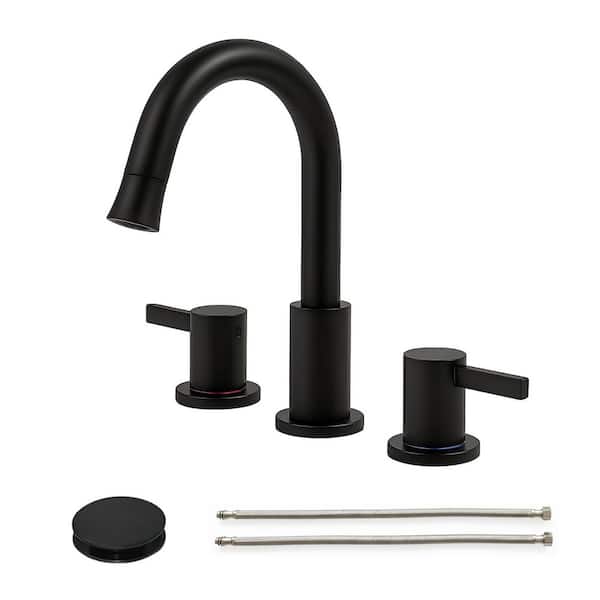 Abdera 8 in. Widespread 2-Handle Bathroom Sink Faucet with 360° Pull-Down Sprayer and Pop-Up Drain in Matte Black