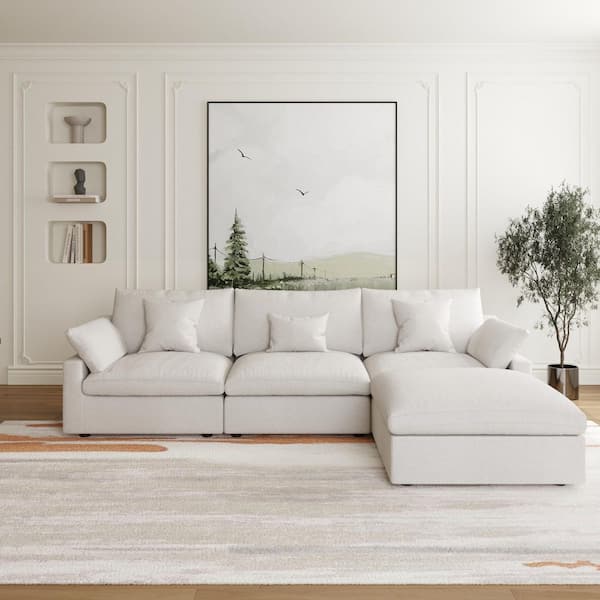 J&E Home 119.2 in. Slope Arm Linen L-shaped Oversized 4-Piece Modular Free Combination Sofa with Removerble Covers in. White