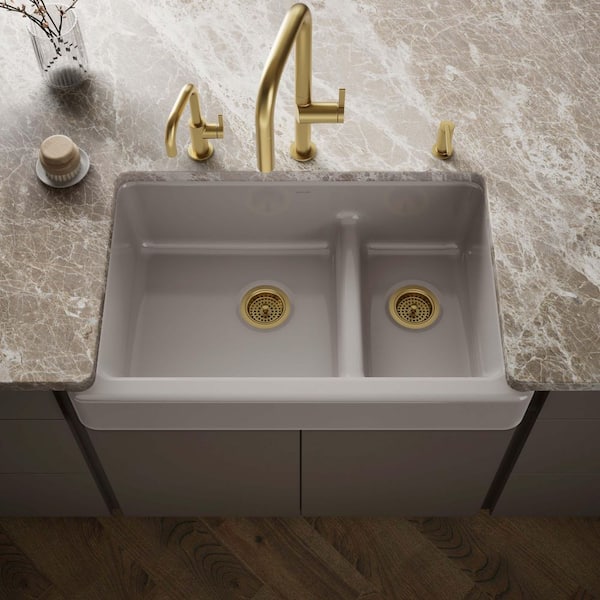 Whitehaven 36 in. Farmhouse/Apron-Front Double Bowl No Gauge Truffle Cast Iron Kitchen Sink Only and Mounting Hardware