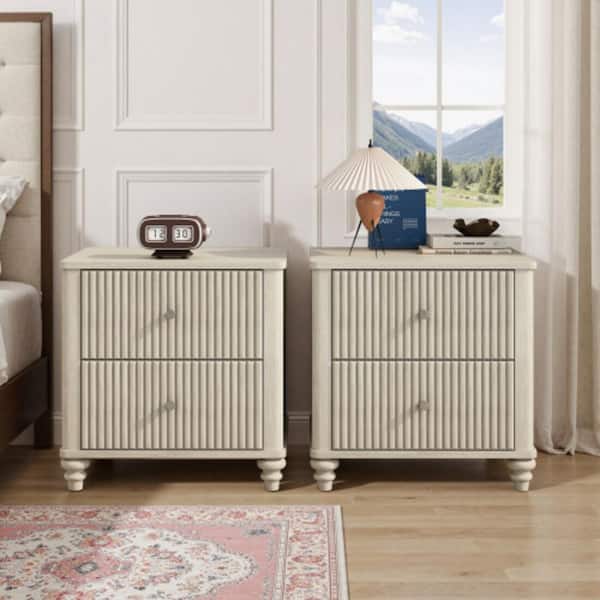 Gideus Mid-Century Modern Beige 3 Drawer 21.65 in. W Wood Nightstand with Metal Handles (Set of 2)