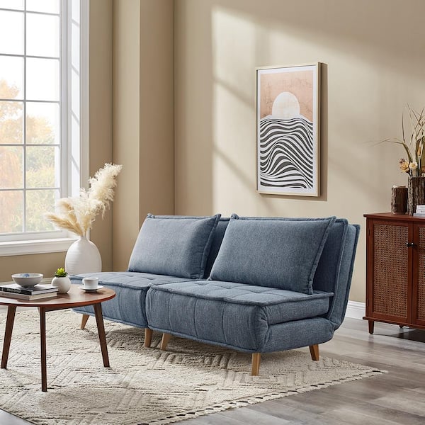 Blue Fabric Futon Chair With Wood Legs