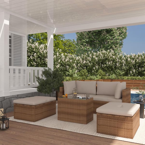 Clihome 5-Piece Wicker Patio Conversation Set PE Rattan Outdoor Furniture Set with Gray Cushions
