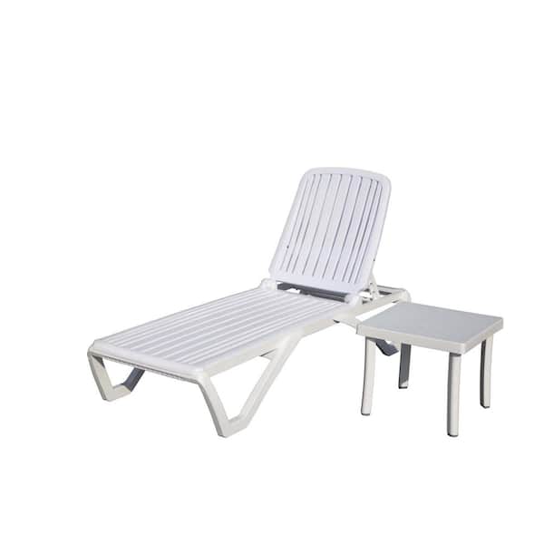 Sudzendf White Plastic Outdoor Chaise Lounge, Adjustable ReclinerLounge Chair with Table