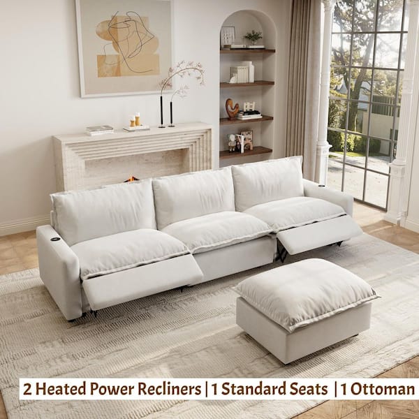 Power Recliner Couch, 116 in. Square Arm 4-Piece Linen ModularMotion Sectional Sofa with Heating, USB Ports in. Beige