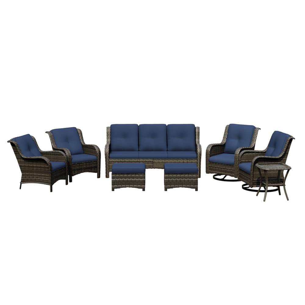8-Piece Blue Cushioned Wicker Patio Conversation Set with Swivel Rocking Chairs