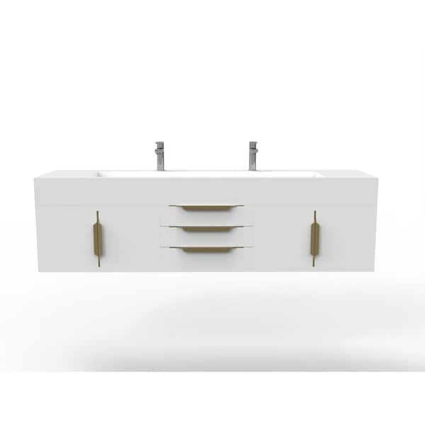 castellousa Nile 72 in. W x 19 in. D x 20 in. H Single Bath Vanity in Matte White with Gold Trim and White Solid Surface Top