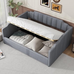 Gray Full Size Wood Frame Linen Upholstered Daybed with Underneath Storage