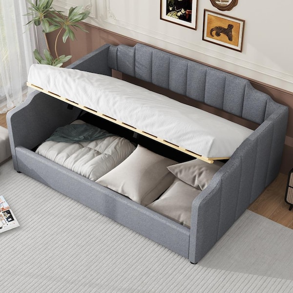 Harper & Bright Designs Gray Full Size Wood Frame Linen Upholstered Daybed with Underneath Storage