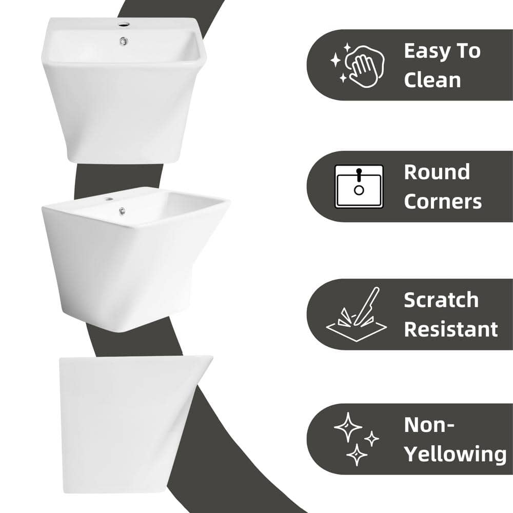 Glossy White Ceramic Wall-Mount Rectangular Vessel Sink with Stainless Steel Drain