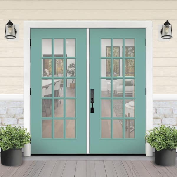 Reliant 64 in. x 80 in. Full Lite 15L-SDL Clear Glass LHOS Quarry Finish Fiberglass Double Prehung Front Door 6 in. Jamb