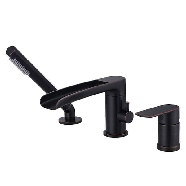Single-Handle Deck-Mount Roman Tub Faucet with 360° Swivel Waterfall Tub Spout, Hand Shower with 59" Hose in. Bronze