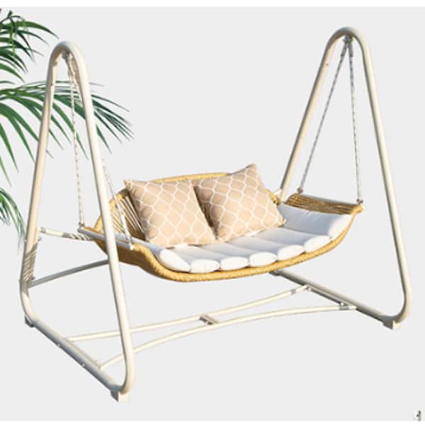 Unbranded 2-Person White Wicker Steel Outdoor Patio Porch Swing with White Cushions and Pillow, for Backyard, Garden
