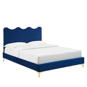 Current Performance Velvet Twin Platform Bed in Navy with Gold Legs