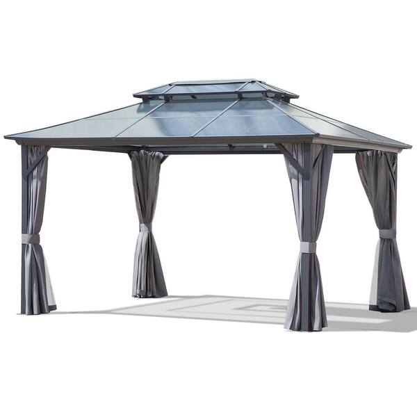13 ft. x 10 ft. Polycarbonate Double Roof Hardtop Aluminum Gazebo with Curtains, Mosquito Netting and Ceiling Hook