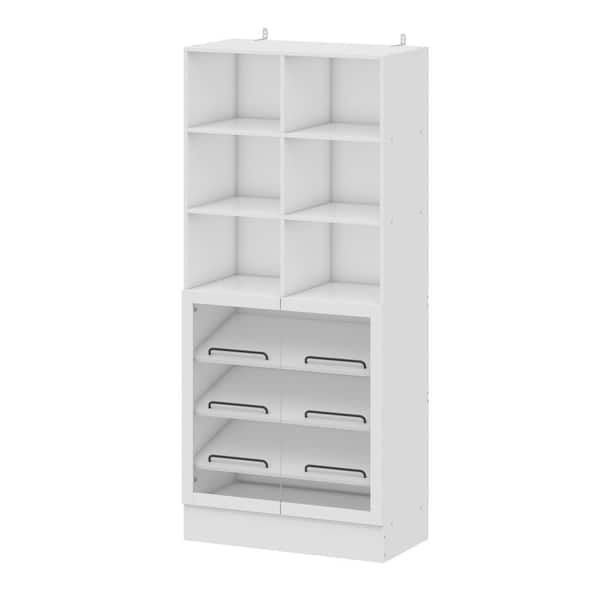FUFU&GAGA White Wooden 31.5 in. W Wardrobe Clothes Storage Cabinet with 6-Shelves, 2 Glass Doors and 3 Tilted Shelves with Stopper
