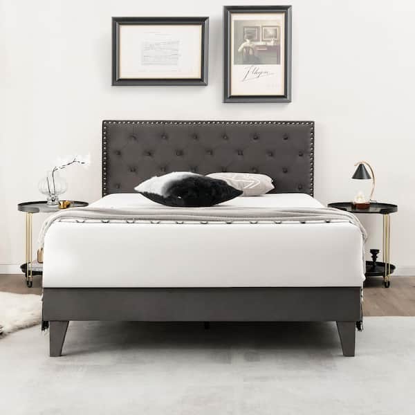 Costway Gray Metal Bed Frame Upholstered Full Platform Bed with 