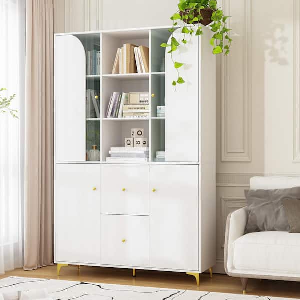 FUFU&GAGA White 74.8 in. H Wooden Storage Cabinet, Sideboard, Wine Cabinet with 13-Shelves, 2-Drawers and 4-Doors