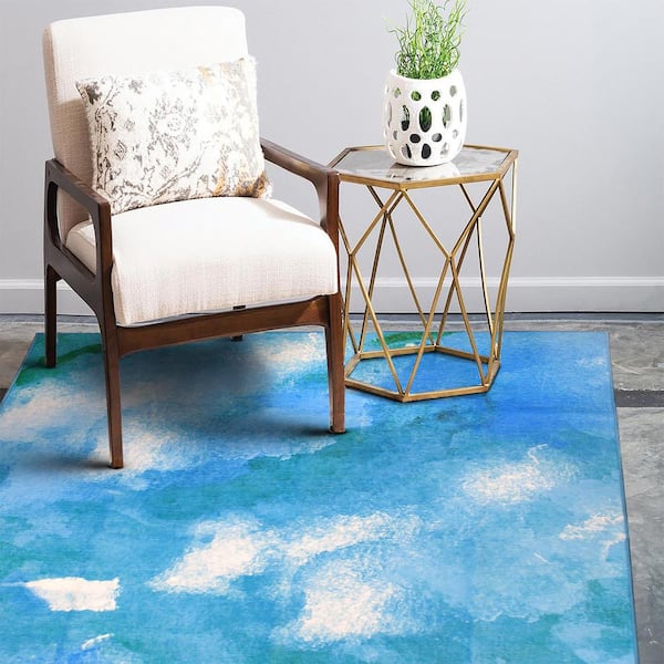 Watercolor Aqua Blue 5 ft. x 7 ft. Abstract Washable Area Rug