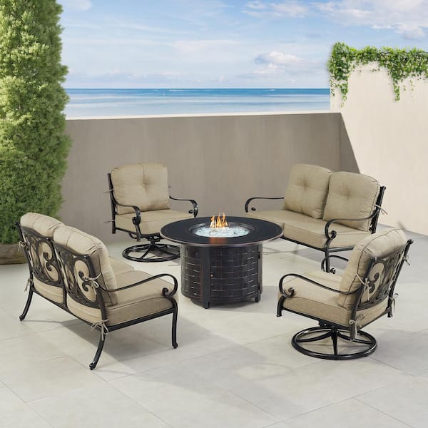 Oakland Living Black Aluminum Fire Table Set with 2-Loveseats and 2-Club Chairs